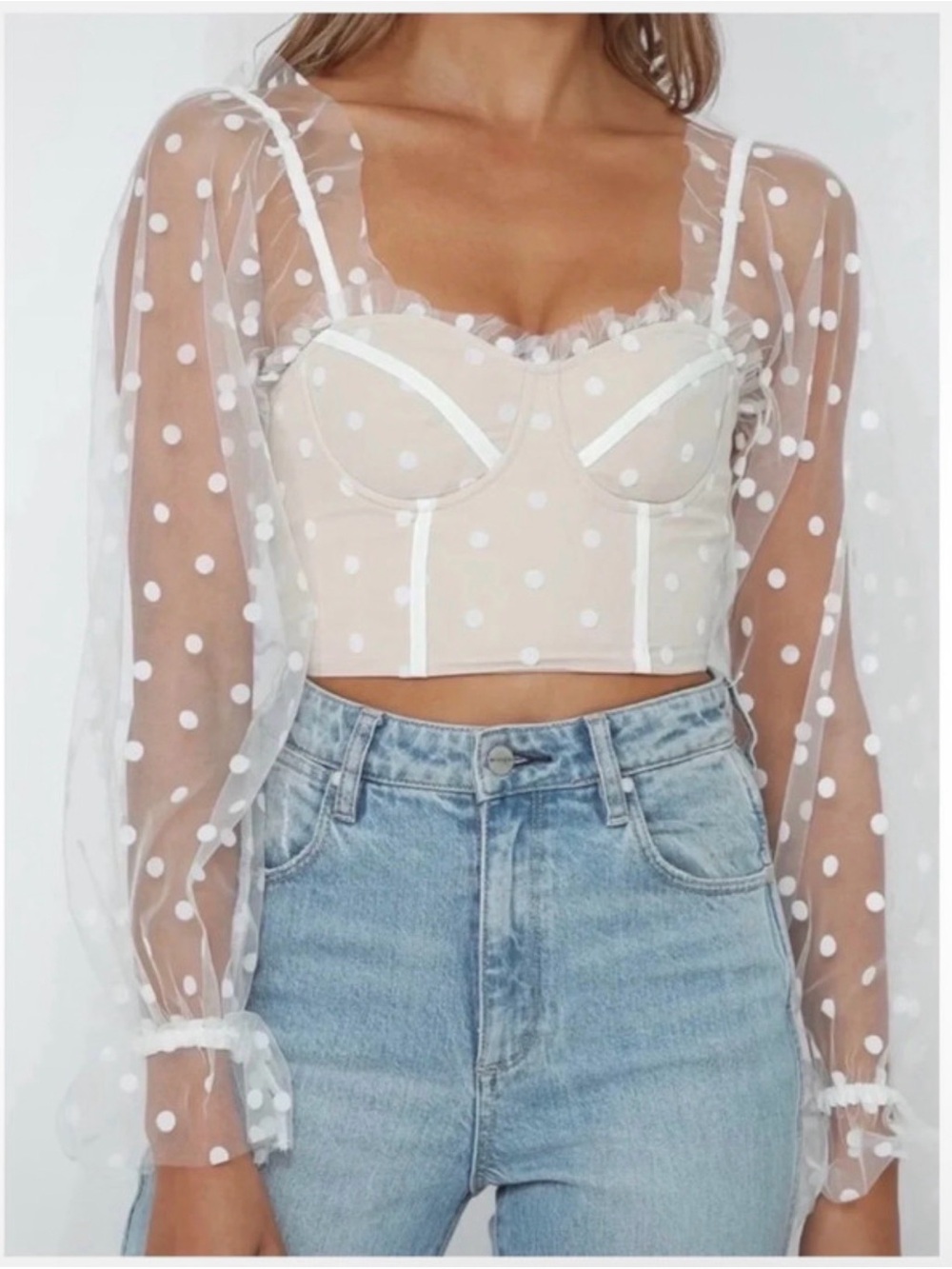 Hello Molly White Sheer Polka Dot Bustier Crop Top
